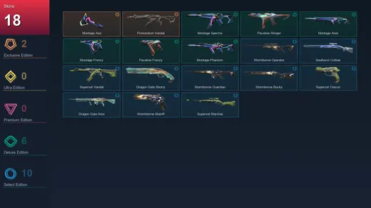 EU | Montage Axe | Primordium Vandal | Montage Spectre | Paceline Stinger | 18 Skin | 11 Agent | 15 Buddy | Lv37