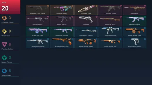 AP | Prelude to Chaos Vandal | Glitchpop Bulldog | Mystbloom Kunai | Cryostasis Vandal | 20 Skin | 12 Agent | 16 Buddy | Lv26
