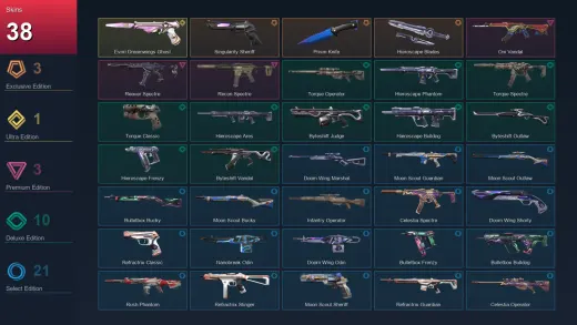 AP | Singularity Sheriff | Prism Knife | Hieroscape Blades | Evori Dreamwings Ghost | 38 Skin | 19 Agent | 33 Buddy | Lv48