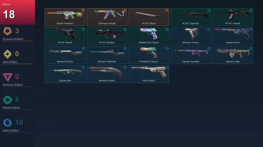 AP | BlastX Phantom | Glitchpop Vandal | K/TAC Blade | K/TAC Operator | 18 Skin | 22 Agent | 37 Buddy | Lv104