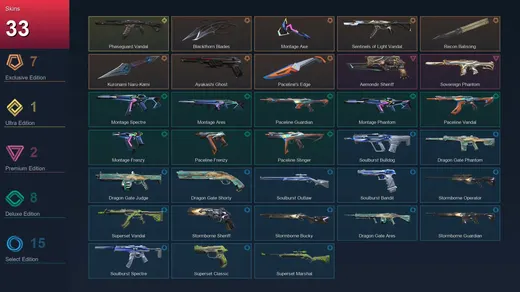 EU | Blackthorn Blades | Montage Axe | Sentinels of Light Vandal | Recon Balisong | 33 Skin | 14 Agent | 24 Buddy | Lv44