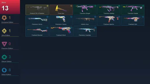 NA | Prime Axe | Protocol 781-A Phantom | Transition Stinger | Transition Bulldog | 13 Skin | 15 Agent | 10 Buddy | Lv24 — Valorant account