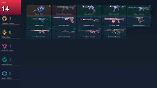 EU | Solarex Relic | Tethered Realms Vandal | Solarex Sheriff | Solarex Spectre | 14 Skin | 14 Agent | 21 Buddy | Lv40
