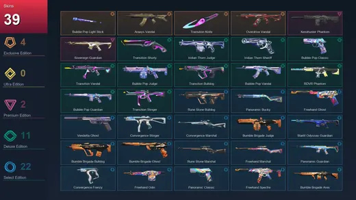 AP | Bubble Pop Light Stick | Araxys Vandal | Transition Knife | Overdrive Vandal | 39 Skin | 27 Agent | 65 Buddy | Lv134