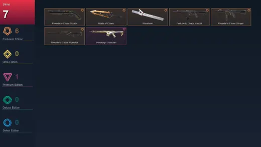 NA | Prelude to Chaos Shorty | Blade of Chaos | Waveform | Prelude to Chaos Vandal | 7 Skin | 11 Agent | 9 Buddy | Lv30