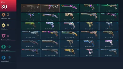 LA | ChronoVoid Phantom | Glitchpop Vandal | Transition Shorty | Sandswept Sheriff | 30 Skin | 28 Agent | 130 Buddy | Lv418
