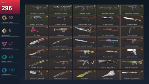 NA | Singularity Spectre | Prelude to Chaos Vandal | Singularity Sheriff | Sovereign Sword | 296 Skin | 23 Agent | 162 Buddy | Lv290