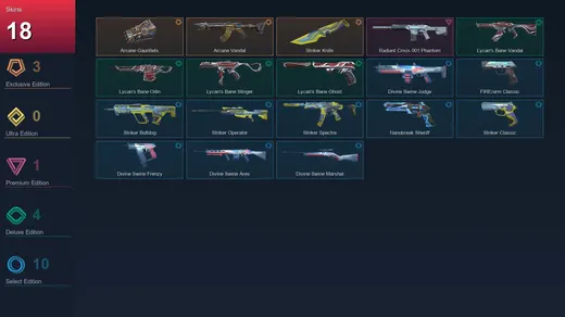 AP | Arcane Gauntlets | Arcane Vandal | Striker Knife | Radiant Crisis 001 Phantom | 18 Skin | 28 Agent | 53 Buddy | Lv107