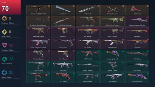 EU | Champions 2023 Vandal | Equilibrium | Venturi Knife | Onimaru Kunitsuna | 70 Skin | 26 Agent | 87 Buddy | Lv204 — Valorant account