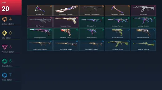EU | Montage Axe | Mystbloom Fanblade | Prelude to Chaos Vandal | Daydreams Crowbar | 20 Skin | 19 Agent | 26 Buddy | Lv67 — Valorant account