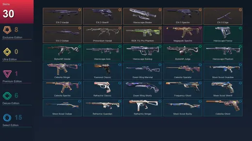 EU | EX.O Vandal | EX.O Sheriff | Hieroscape Blades | EX.O Spectre | 30 Skin | 22 Agent | 38 Buddy | Lv58