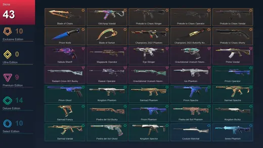 NA | Blade of Chaos | Glitchpop Vandal | Prelude to Chaos Stinger | Prelude to Chaos Operator | 43 Skin | 19 Agent | 22 Buddy | Lv29