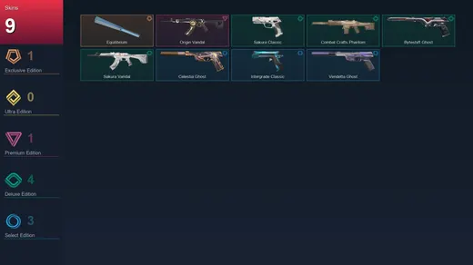 AP | Equilibrium | Origin Vandal | Sakura Classic | Combat Crafts Phantom | 9 Skin | 27 Agent | 42 Buddy | Lv125 — Valorant account