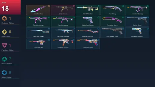 EU | Transition Knife | Origin Vandal | RDVR Phantom | Tilde Shorty | 18 Skin | 22 Agent | 43 Buddy | Lv131