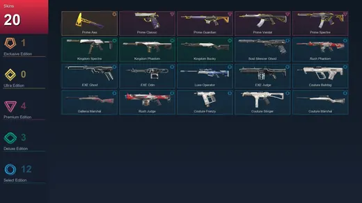 EU | Prime Axe | Prime Classic | Prime Guardian | Prime Vandal | 20 Skin | 13 Agent | 17 Buddy | Lv25