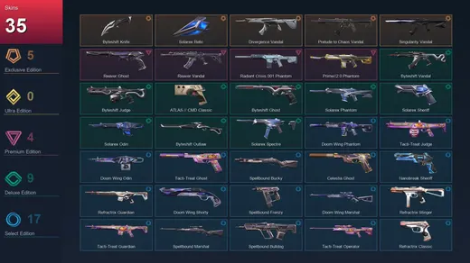 AP | Byteshift Knife | Solarex Relic | Divergence Vandal | Prelude to Chaos Vandal | 35 Skin | 27 Agent | 38 Buddy | Lv129 — Valorant account